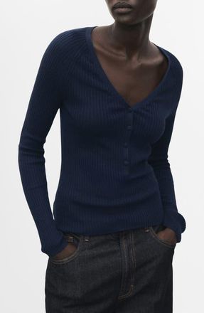 Mango V-Neck Ribbed Henley Sweater in Dark Navy at Nordstrom, Size X-Large