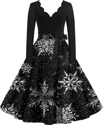 Generic Women Christmas Dresses UK A Line Swing Dress Christmas Outfits Fancy Cute Xmas Printed Dresse Party Cocktail Costume Swing Dresses Round Neck Xmas Gr