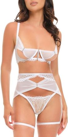 Oh l&agrave; l&agrave; Ch&eacute;ri Clarinda Open Cup Underwire Bra, Garter Belt & Thong Set in Bright White at Nordstrom, Size Small