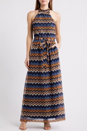 Julia Jordan Mock Neck Tie Belt Maxi Dress in Blue Multi at Nordstrom, Size 10