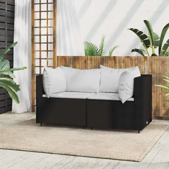 vidaXL Sof&aacute; De Esquina De Jard&iacute;n Con Cojines Rat&aacute;n Sint&eacute;tico Negro Vidaxl