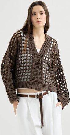 Brunello Cucinelli Jute and cotton net cardigan in Chocolate at Nordstrom, Size Xxx-Large