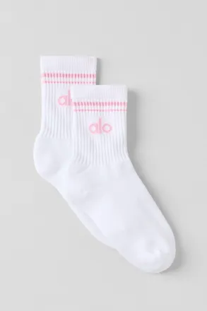 Alo | Half-Crew Throwback Socks in White/Pink Marshmallow, Size: Medium