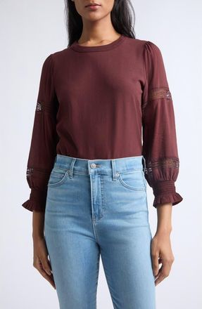 Veronica Beard Bellamie Lace Inset Cotton Top in Raisin at Nordstrom, Size X-Large
