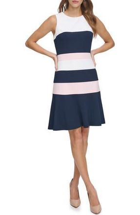 Tommy Hilfiger Sleeveless Tri-Tone Colorblock Fit & Flare Dress in Ivory/sky Ptn/b Pink at Nordstrom Rack, Size 12