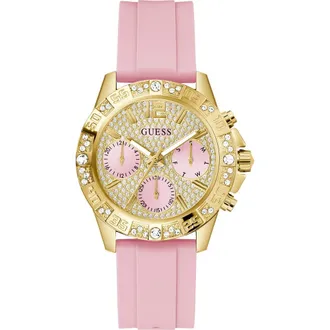 Guess Pink Multifunction Crystal Silicone Strap Watch, 40mm at Nordstrom