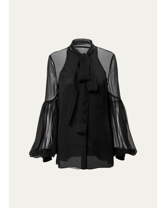 Carolina Herrera Balloon-Sleeve Silk Chiffon Bow-Neck Top