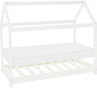ML Design Ml-design - Cama Infantil Blanca Con Colch&oacute;n De Espuma Fr&iacute;a Hipoalerg&eacute;nica 80x160 Cm Techo Somier Estructura Listones De Madera Maciza De Pino Para Ni