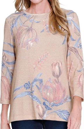 Multiples 3/4 Sleeve Scoop Neck Embellished Top In Floral