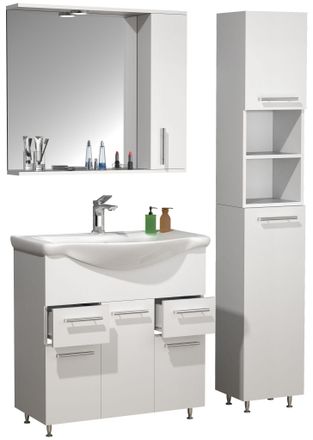 ebuy24 Vcm 4 Pcs Lavabo Lavabo Muebles De Ba&ntilde;o Gabinete Inferior 75 Cm Set Con Lavabo Armario De Espejo Armario Alto Cajones Y Torniquetes Complete Lisalo Xl