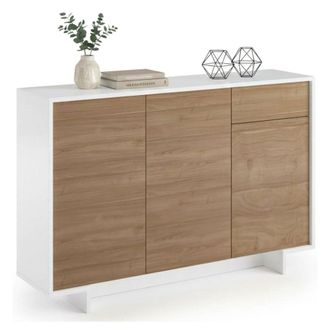 Dmora Aparador Aneto, Aparador De Sal&oacute;n, Buffet De Sal&oacute;n Con 3 Puertas Y 1 Caj&oacute;n, 100% Made In Italy, 134x35h87 Cm, Blanco Y Roble, Con Embalaje Reforzado -