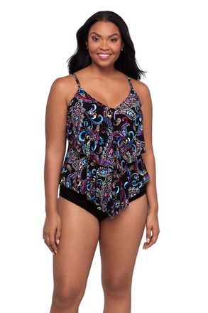 Trimshaper Ronnie 2 Tier Ruffle Tankini Swimsuit Top in Painterly Paisley at Nordstrom, Size 16