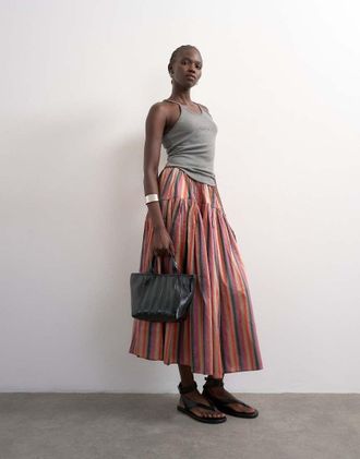 Topshop Gonna midi a ruota in taffet&agrave; a righe multicolore