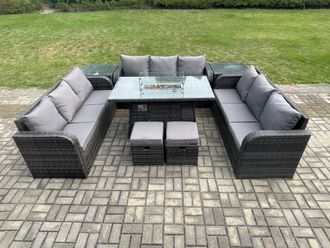 Fimous Outdoor Rattan Furniture Garden Dining Set Gas Fire Pit Table With 2 Side Tables Lounge Sofa 2 Small Footstool in Dark Grey