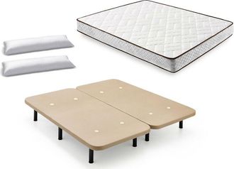 HOGAR 24 Cama Completa - Colch&oacute;n Flexitex Con Tejido 3d Y Aloe Vera, Altura 18 Cm + Base Tapizada Beige Con Patas De 32 Cm + Almohada De Fibra, 180x190 Cm