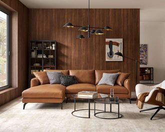 Castlery Lena Leather Chaise Sectional Sofa, Left Facing, American Top Grain Leather, Brown, Matte Black Legs