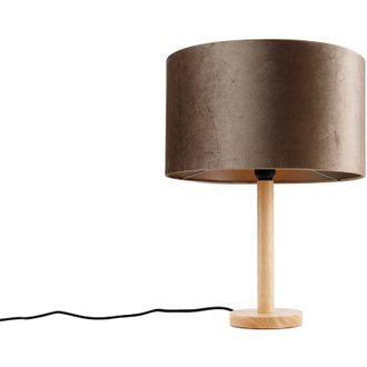 QAZQA Rústico Lámpara de mesa de madera con pantalla de terciopelo color topo de 35 cm - Mels /Terciopelo /Textil Alargada /Redonda Adecuado para led Max