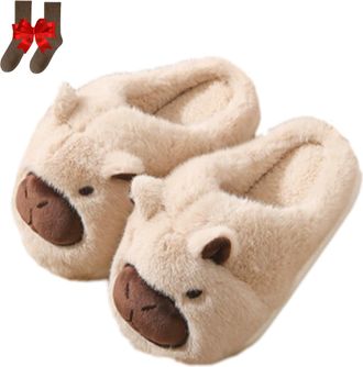 Generic Cartoon Capybara Slippers For Women & Men Soft Plush Slippers, Warm NonSlip Slipper (White, One Size, Adult, Women, 3.5, Numeric Range, UK Footwear Si