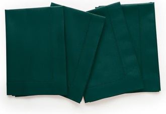 Solino Home Cotton Linen Hemstitch Dinner Napkins Set of 4, 20 x 20 Inch for Dining Table, Holiday and Everyday Table Decor in Dark Green at