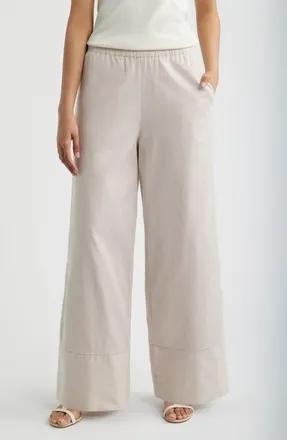 Bernardo Directional Pinstripe Wide Leg Cotton Blend Pants in Almond Buff/bright White at Nordstrom, Size X-Small