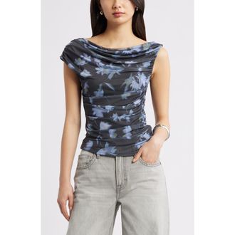Open Edit Cap Sleeve Mesh Top in Blue Falling Floral at Nordstrom, Size Xx-Small