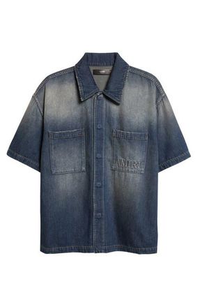 Amiri 3D Logo Short Sleeve Snap-Up Denim Shirt in Sandstone at Nordstrom, Size Xxx-Large