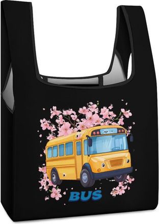 Generic School Bus Floral Shopping Bag Reusable Grocery Tote Bag Foldable Handbag for Travel Picnic