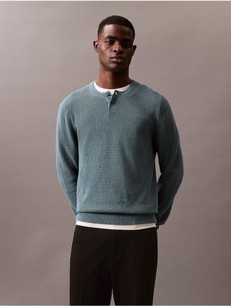 Calvin Klein Mens Smooth Cotton Waffle Henley Sweater - Green - XS