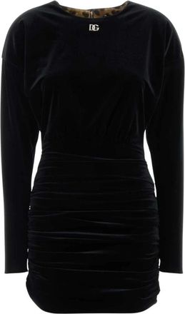 Dolce & Gabbana Korte gedrapeerde fluwelen jurk met DG-logo - Dames - Feestkleedjes - Zwart - 2XS - Polyester - Kleedjes