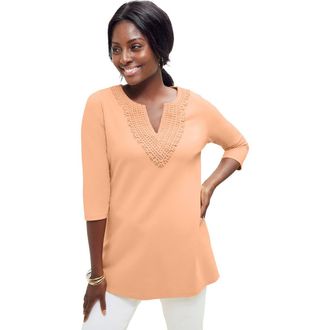 Jessica London Stretch Cotton Crochet Notch Neck Tunic in Peach Fuzz at Nordstrom, Size Medium