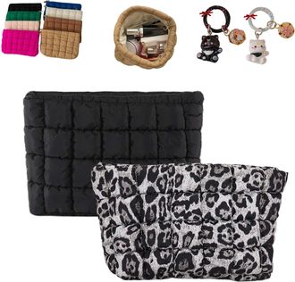 Generic Solid Color Quilted Design Clutch, Large Capacity Travel Storage Bag, Cute Quilted Puffer Makeup Bag,Women Travel Toiletry (2PCS-K)