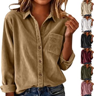 Generic Long Sleeve Shirts for Women Corduroy Button Down Blouse Ladies Solid Color Collar Tops with Pocket Casual Clothes for Office Work Daily Travel Street