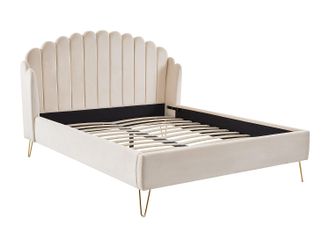 Vente-Unique Cama 140 x 190 cm con cabecero ondeado - Terciopelo - Beige - SAGALI
