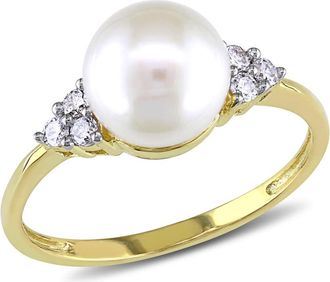 Amour Cultured Freshwater Pearl and 1/8 CT TW Diamond Ring In 10K Yellow Gold