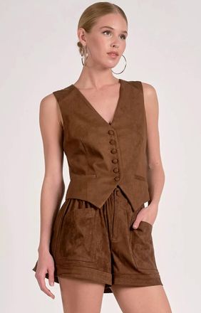 Elan Monica Faux Suede Vest In Brown