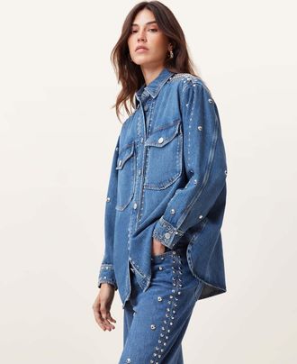 AllSaints Womens Cotton Alba Studded Oversized Denim Shirt, Size: XS