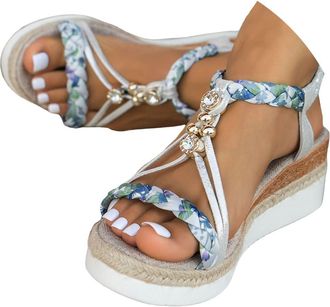 Generic Wide Width Wedge Sandals For Women,2026 Open Toe Jeweled Beaded Platform Sandals for Women Summer Dressy Strap Walking Shoes Vintage Non Slip Casual S