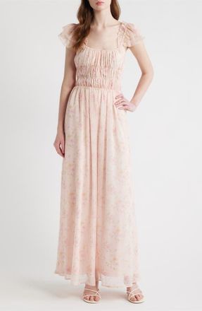 Lulus Yvette Floral Smocked Gown in Light Pink Floral at Nordstrom, Size X-Small