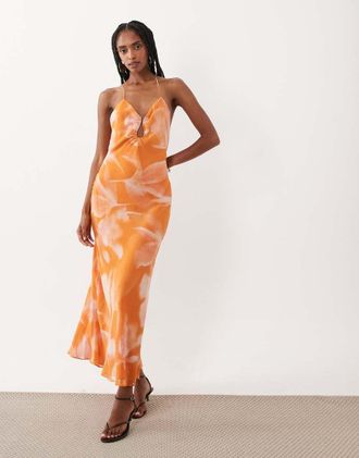 Mango Vestito lungo con spalline sottili arancione a fiori sfocati