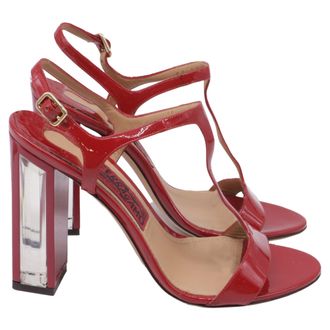 Ferragamo Mirrored Heel T Strap Sandals in Red Patent Leather
