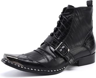 Generic Mens Fashion Western Ankle Boots Metal Square-Toe Genuine Leather Lace-Up Zipper Monk Strap Chelsea Comfort Casual Dress Boots (Black,12.5)