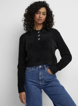 Icone Womens Fuzzy cable-knit Polo Shirt with jewel buttons