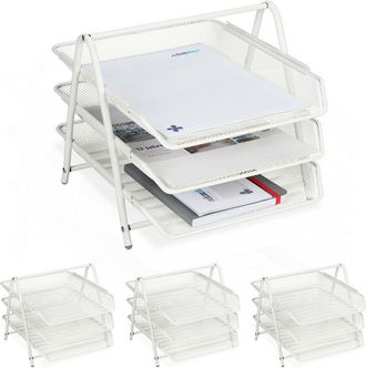 Relaxdays 4 Organizadores Oficina 3 Niveles, Bandeja Documentos Metal, Soportepara Papel A4, 26,5x29,5x 35,5 Cm, Blanco