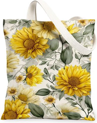 Generic Floral Canvas Tote Bags, Vintage Flower Design Reusable Grocery Bags, Lightweight Washable Shoulder Strap Canvas for Travel, Yellow, 13x15 Inch