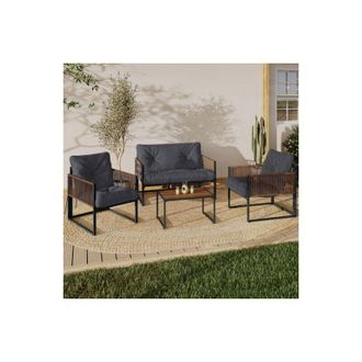 IDMarket Conjunto De Muebles Bajos De Jard&iacute;n Rio Estructura De Acero Y Polyrotinen 4 Plazas Con Cojines Grises