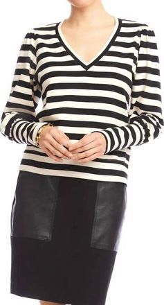Karen Kane Sabine Stripe Bishop Sleeve V-Neck Top In Black And Cream