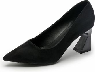 Generic Womens Suede Pointed Toe Chunky Block Heel Court Pumps Classic Dress Shoes Everyday Work Heels Wide Fit for Office Wear & Lifestyle Commute,Black 7cm,