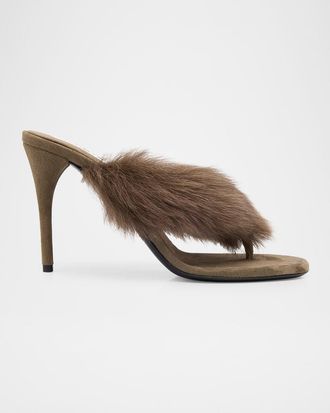 Alaia 90mm Shearling and Leather Thong Sandals