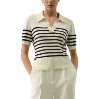LilySilk Womens Striped Cashmere Polo Sweater in Black&white Stripes at Nordstrom, Size X-Large
