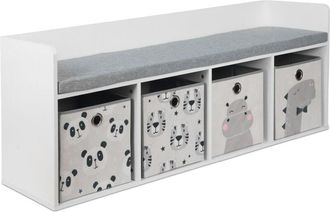 Relaxdays Banco Infantil Relaxdays Con Almacenamiento, Hxbxt: 54 X 142 X 32 Cm, Banco De Lectura, 4 Cajas, Blanco/gris